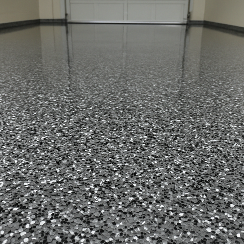 After: glossy full-flake epoxy floor installed by AMR Epoxy