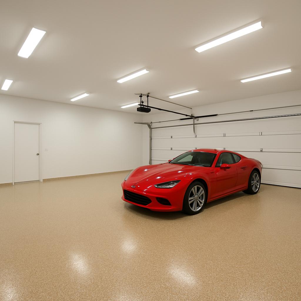 Beige and tan full-flake epoxy garage floor — Scottsdale, AZ