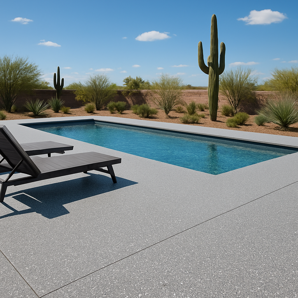 Grey and white flake epoxy pool deck — Gilbert, AZ